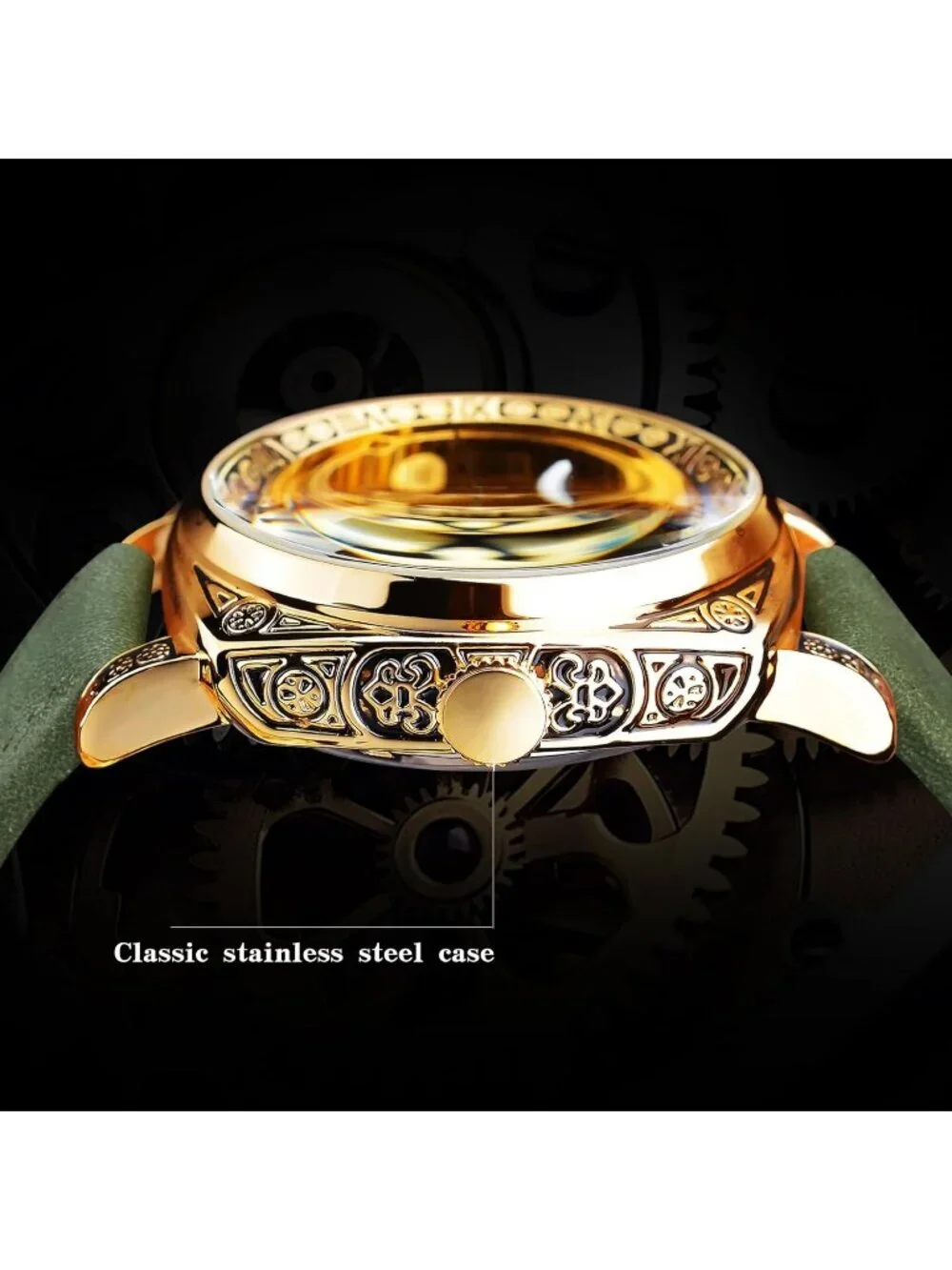 Mens Army Green Square Mechanical Leather Strap Self-Wind Carved Automatic Watch